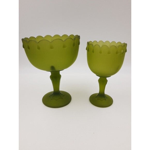 Vintage Satin Frosted Green Teardrop Pedestal Candy Dish Compote & Goblet set 2 - Picture 9 of 10